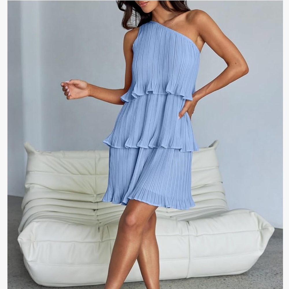 Blue One Shoulder Tiered Mini Dress for Wedding Guest